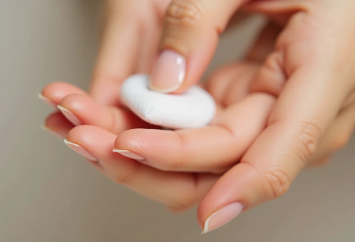 Mãos segurando algodão com removedor de esmalte caseiro