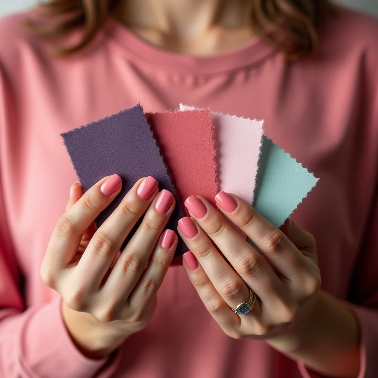 Mãos segurando amostras de tecido para combinar com a cor do esmalte
