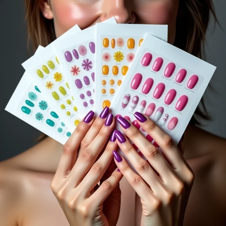 Mãos segurando cartelas de adesivos de unha.