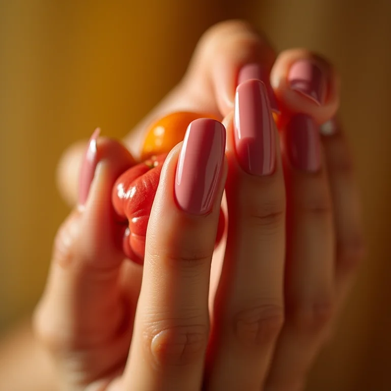 Mãos segurando frutas e vegetais frescos, unhas saudáveis