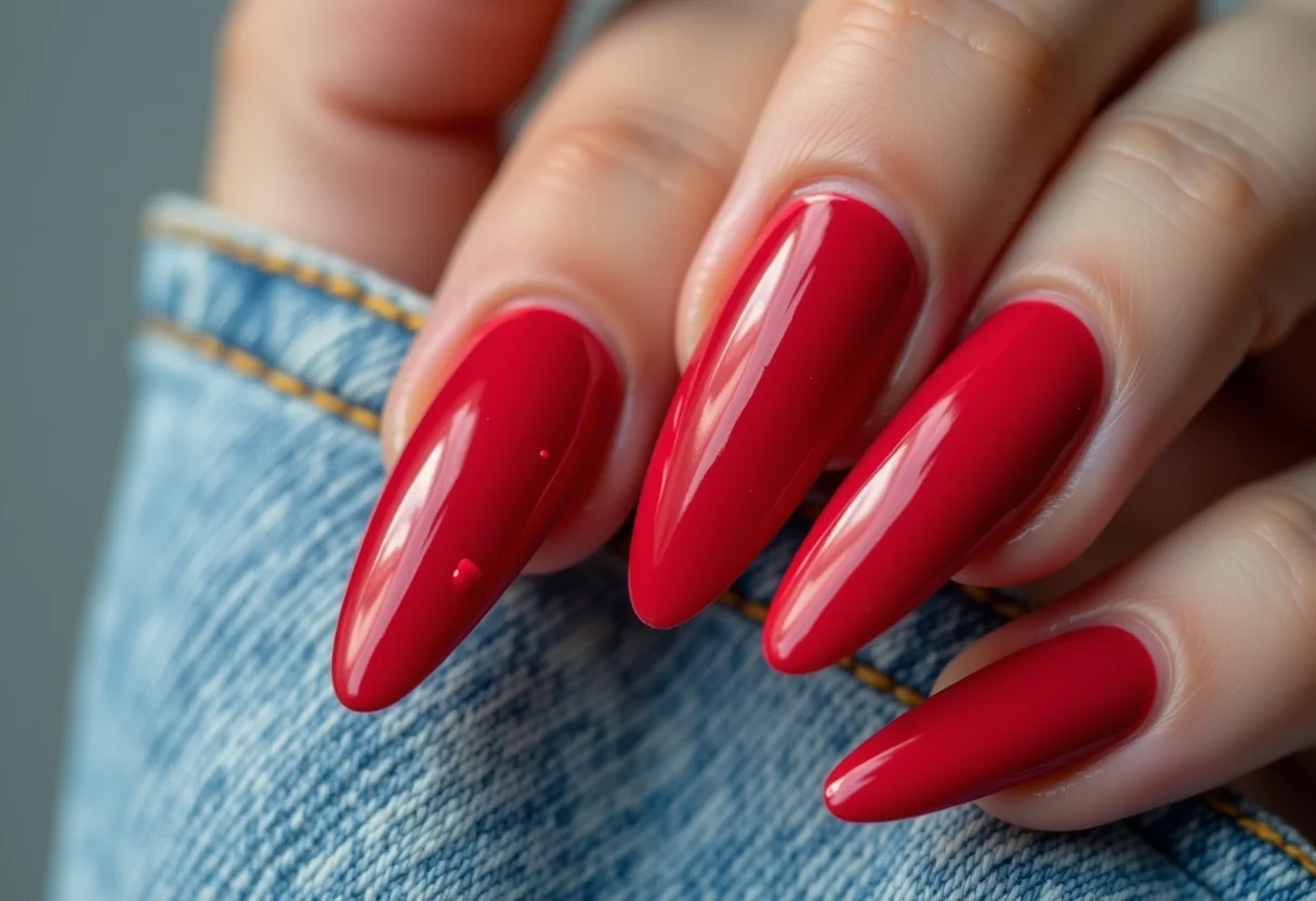 Mãos segurando jeans com mancha de esmalte vermelho.