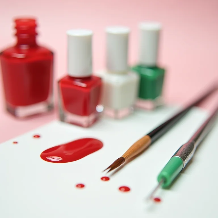 Materiais essenciais para nail art de morango: esmaltes, pincel, boleador.