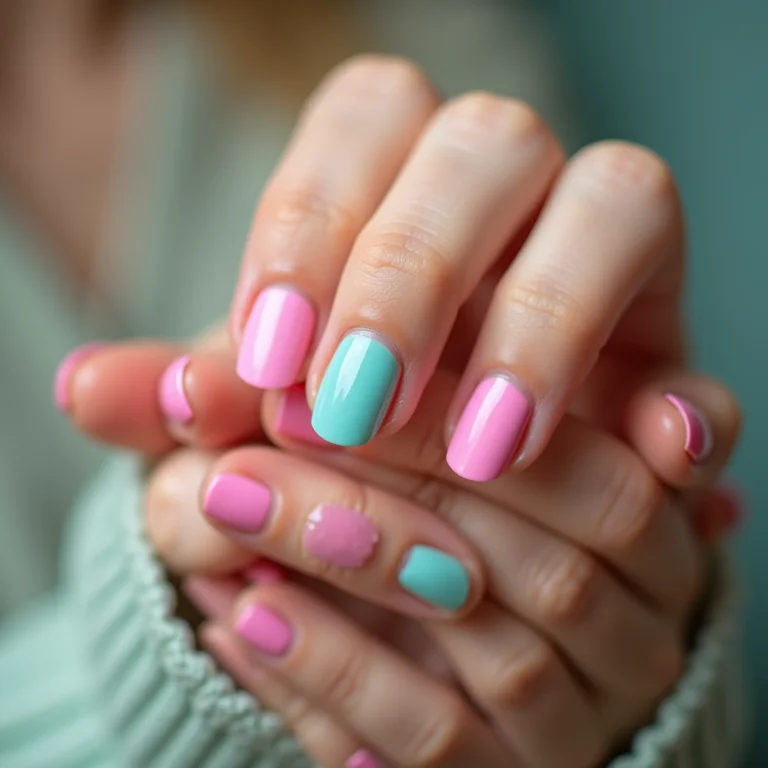 Mix de cores: unhas rosa chiclete e turquesa.