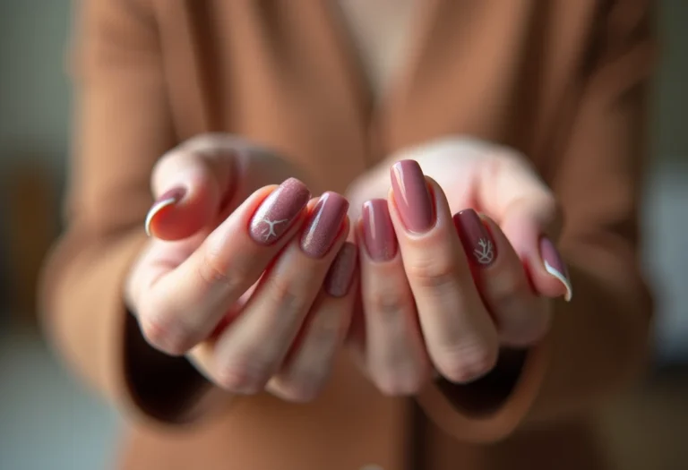 Mãos com unhas decoradas com esmalte em gel de longa duração.