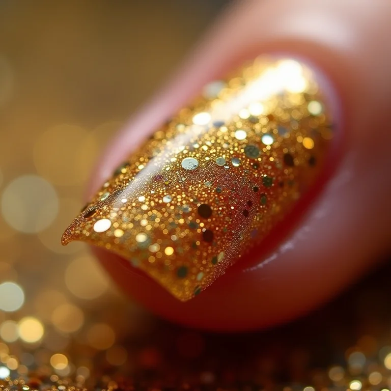 Mosaico de fios de ouro em unhas brilhantes