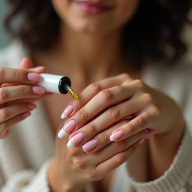 Mulher aplicando óleo de cutícula em unhas de gel com tips
