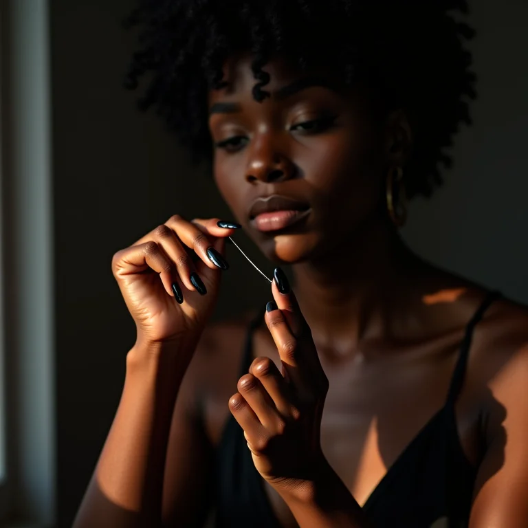 Mulher negra esmaltando as unhas com esmalte preto