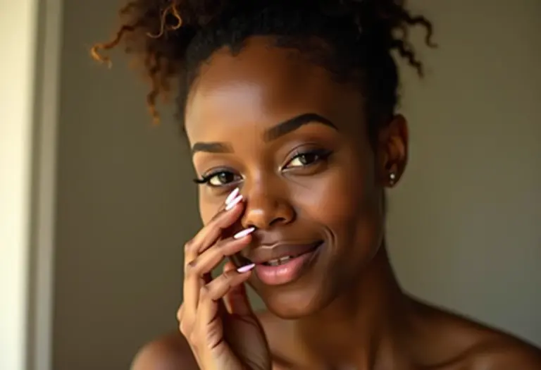 Mulher removendo esmalte das unhas com algodão.