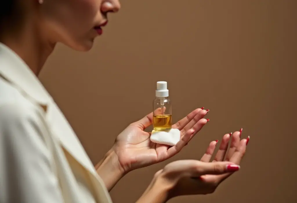 Mulher testando truque de beleza com vinagre para secar o esmalte.