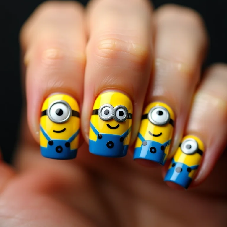 Nail art clássica dos Minions com Kevin, Stuart e Bob.