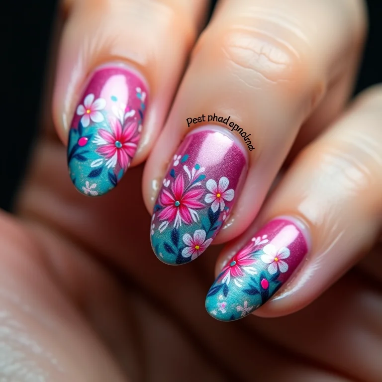 Nail art com pintura livre de flores abstratas.