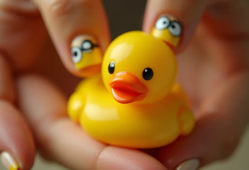 Nail art divertida com tema dos Minions segurando um patinho de borracha amarelo.