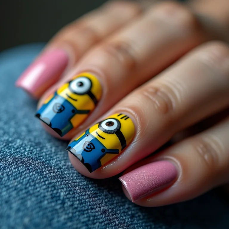 Nail art dos Minions combinando com jeans.