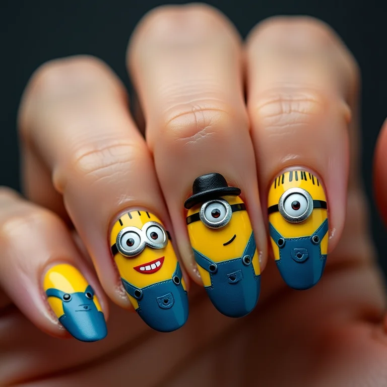 Nail art dos Minions personalizada com acessórios.