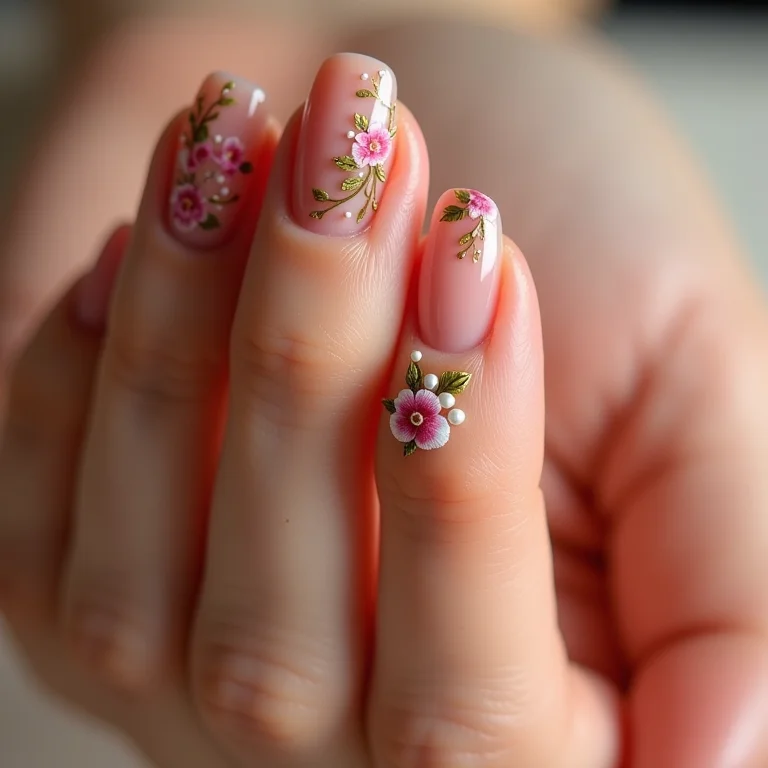 Nail art floral delicada com rosas pintadas à mão