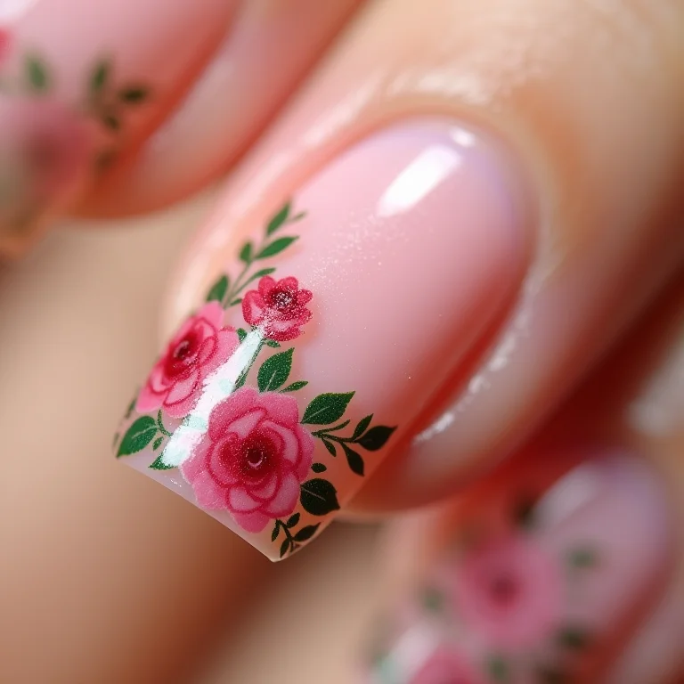 Nail art floral delicada em unhas de gel