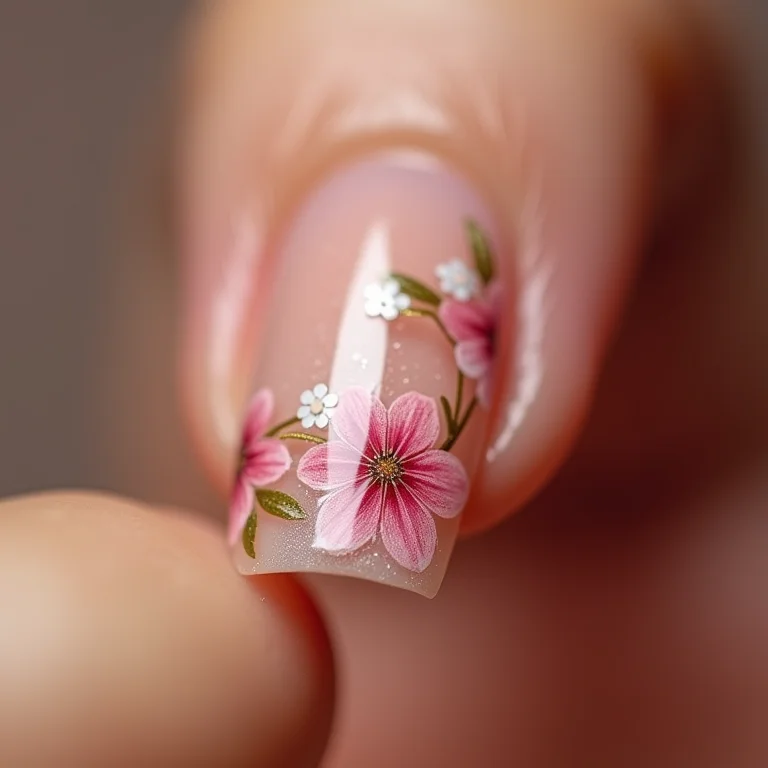Nail art floral delicada feita com pincel fino.