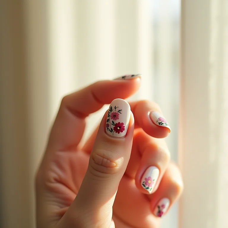 Nail art floral minimalista em unhas delicadas