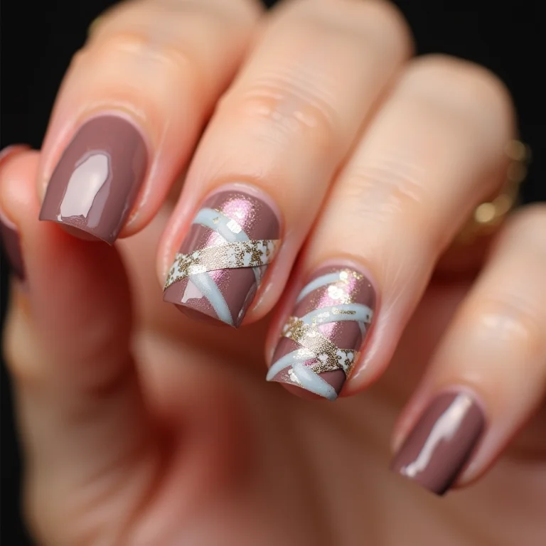 Nail art geométrica com fitas adesivas.