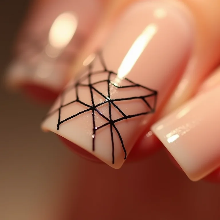 Nail art geométrica com linhas pretas