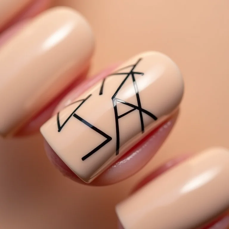 Nail art geométrica minimalista em preto e nude