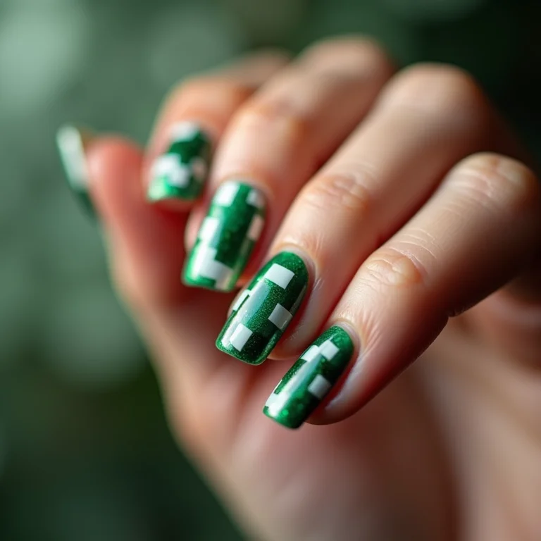 Nail art geométrica verde e branco em macro
