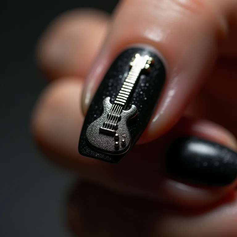 Nail art inspirada em rock com guitarra elétrica