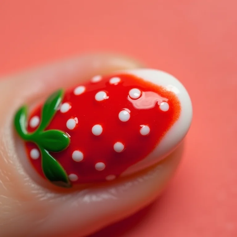 Passo a passo da nail art de morango: base, esmalte vermelho, bolinhas brancas, folhas verdes, top coat.