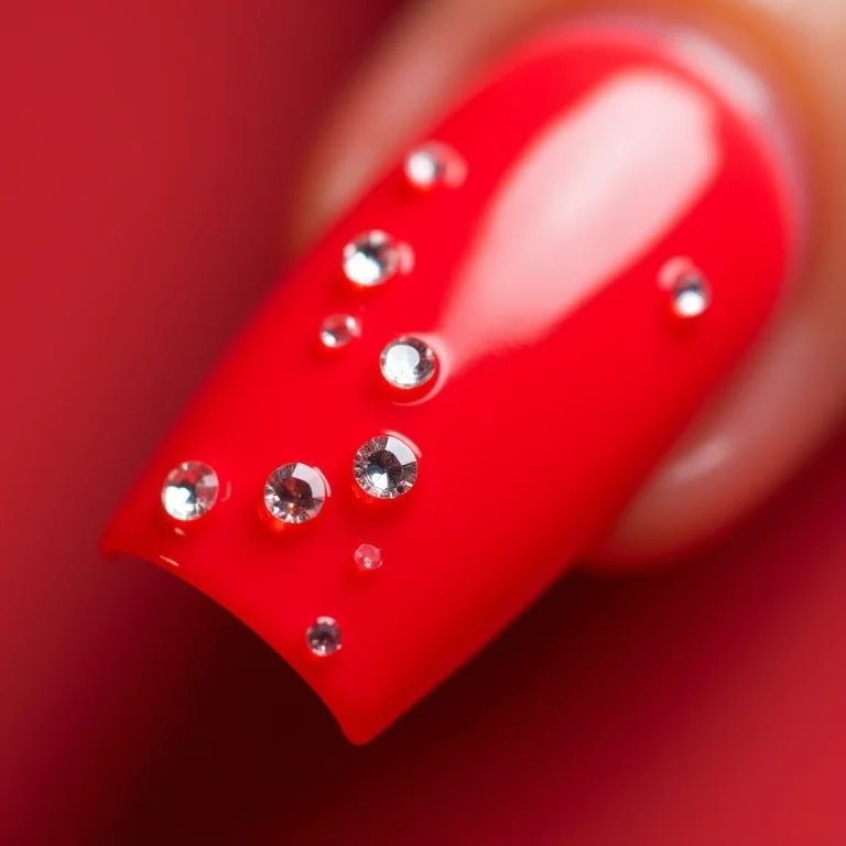 Pedrarias em unha de gel vermelha