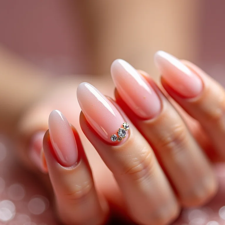 Pedrarias sutis em unhas de gel clarinhas