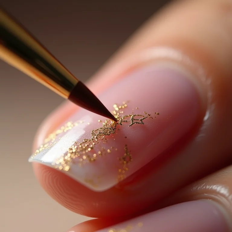 Pincel fino criando desenhos em unhas nude