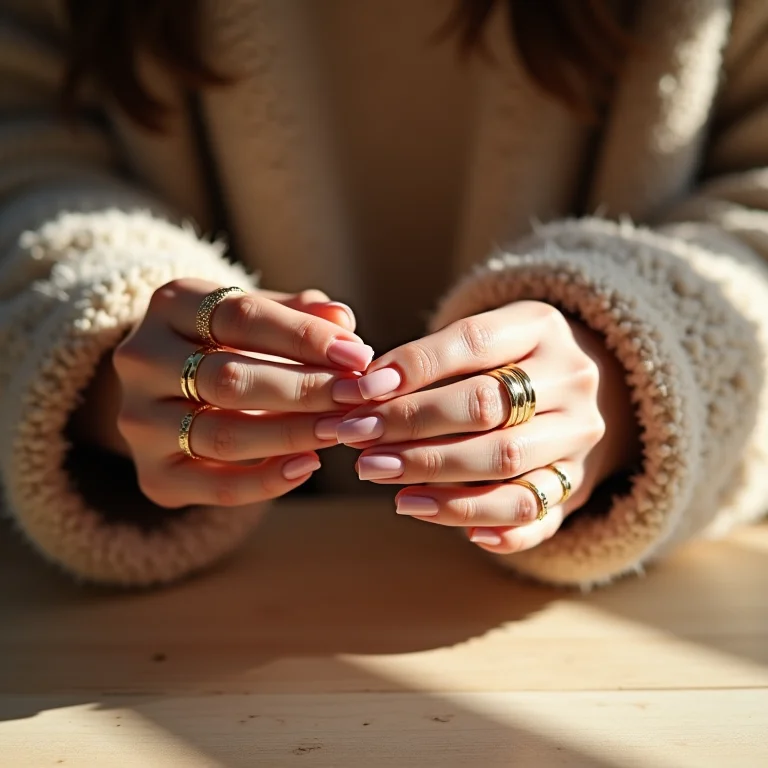Preparação das unhas douradas para o Ano Novo 2026 com anéis de ouro