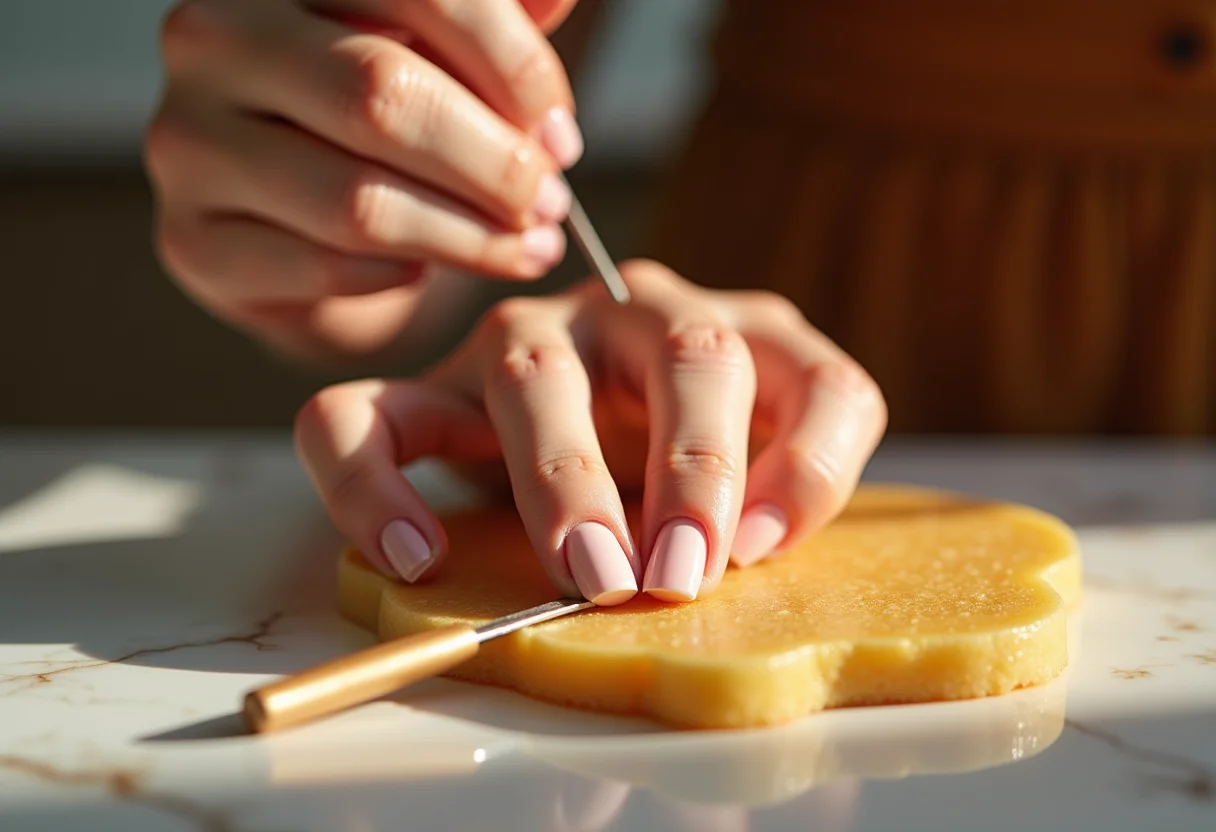 Preparação de unha decorada preta em bancada de mármore com luz suave.