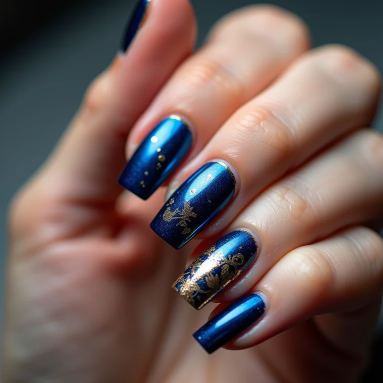 Stamping azul e dourado nas unhas