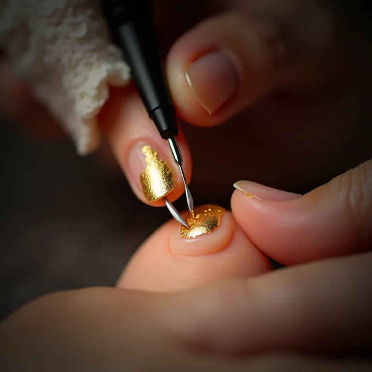 Técnica de aplicação da folha de ouro na unha
