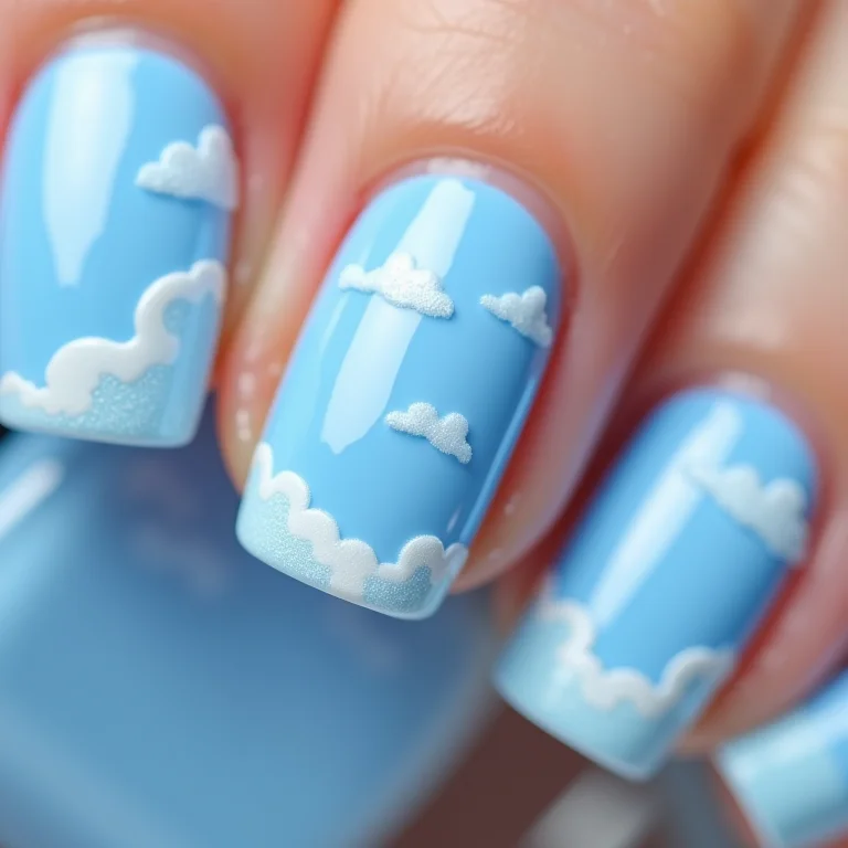 Unha azul celeste com detalhes em branco