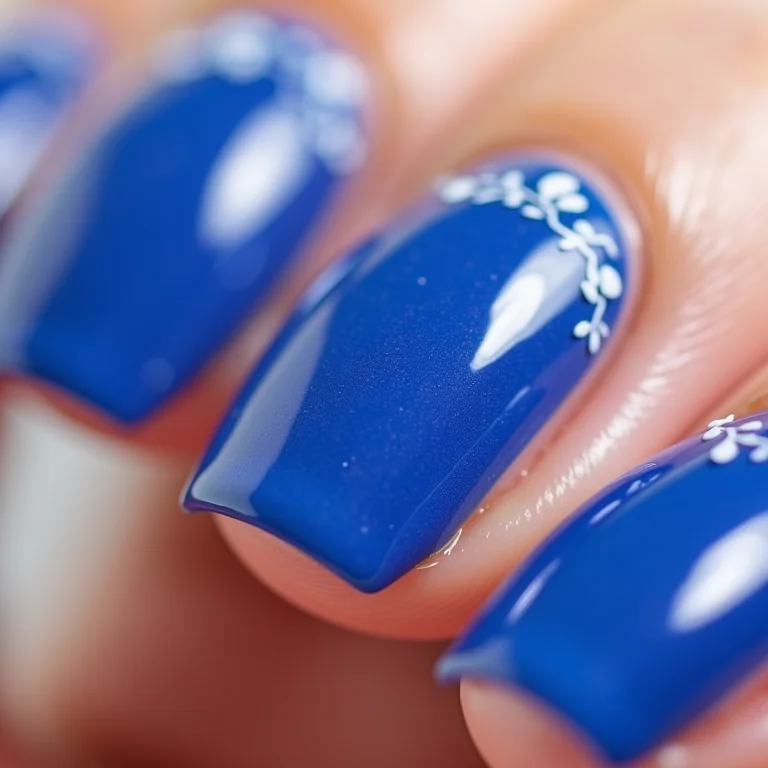 Unha azul cobalto com detalhes brancos.