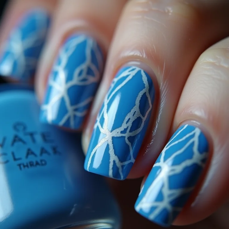 Unha azul com desenhos geométricos