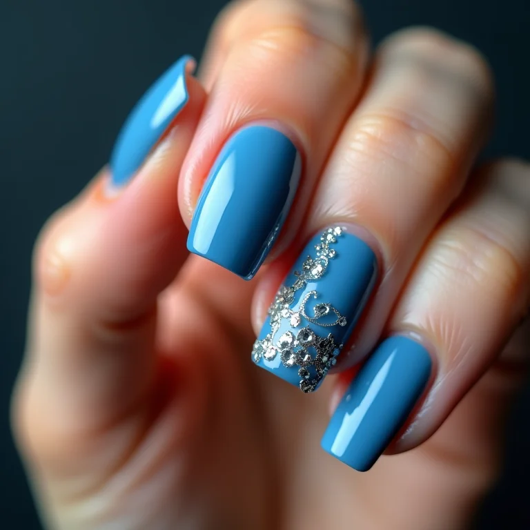 Unha azul com filha única decorada.