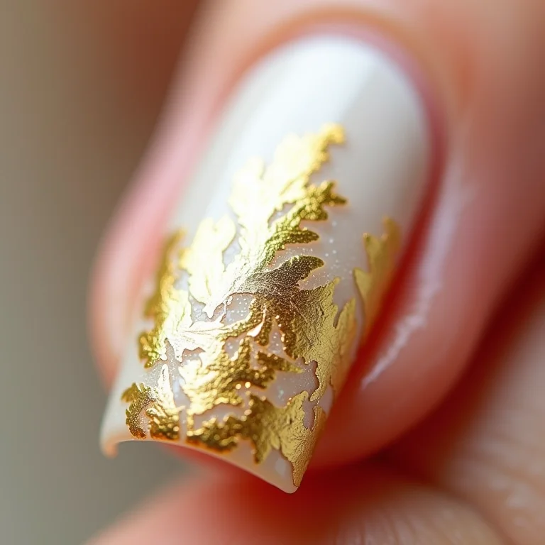 Unha branca com detalhes em folha de ouro em close extremo
