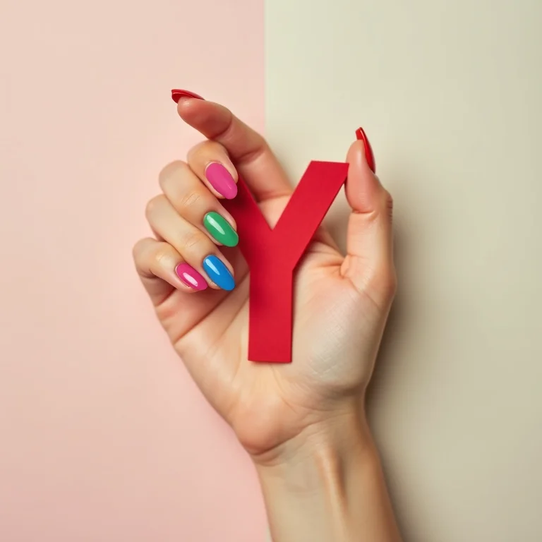 Unha colorida com a letra Y em tons vibrantes