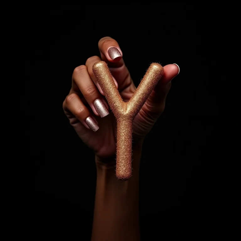Unha com glitter e a letra Y para um visual glamouroso