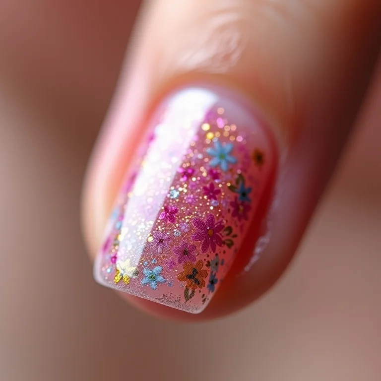 Unha com glitter e película floral