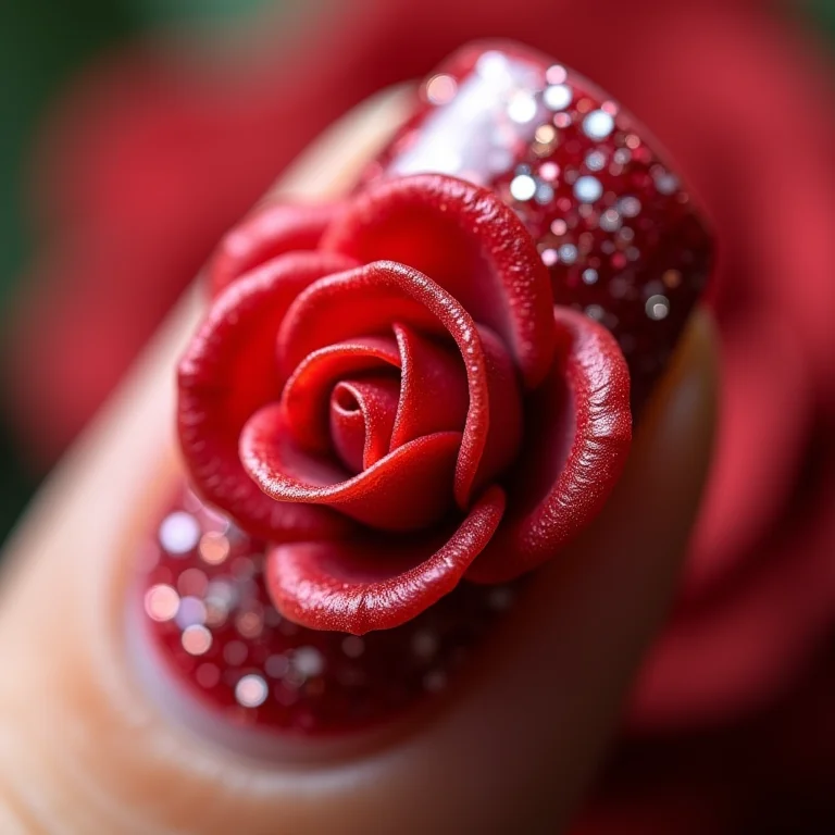 Unha com rosas e glitter.