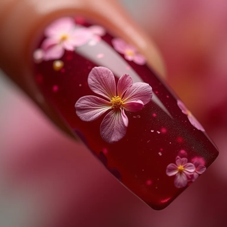 Unha de gel encapsulada bordô com flores secas