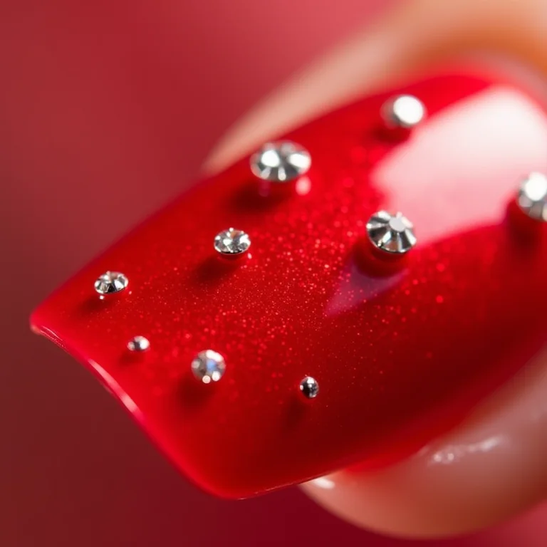 Unha de gel encapsulada vermelha metálica com pedrarias
