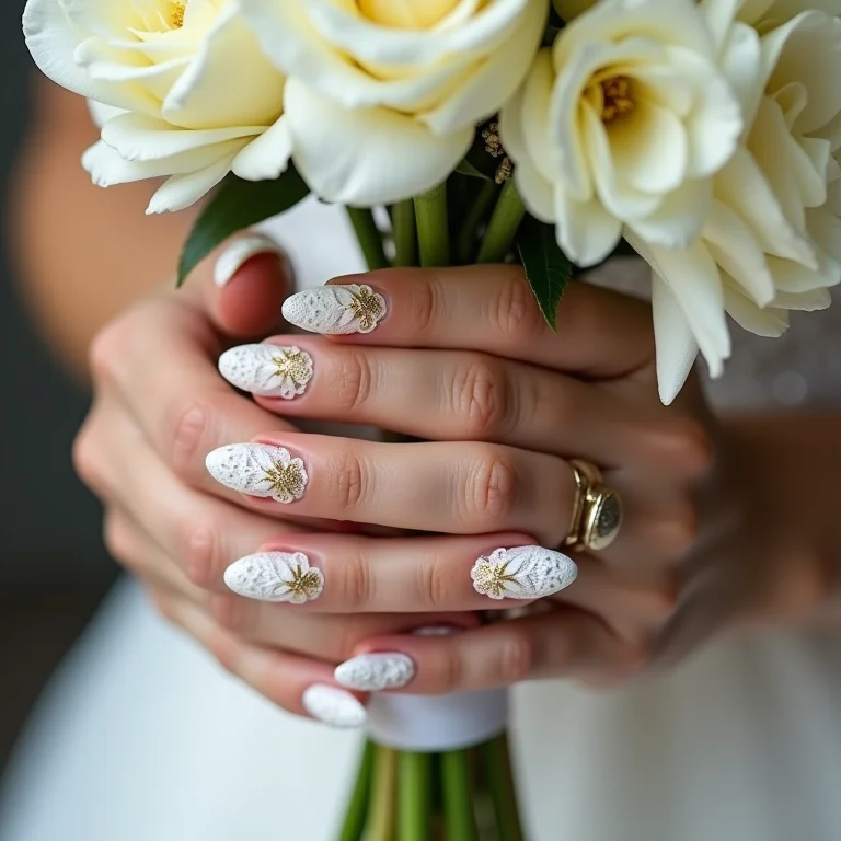 Unha decorada branco e dourado para noivas