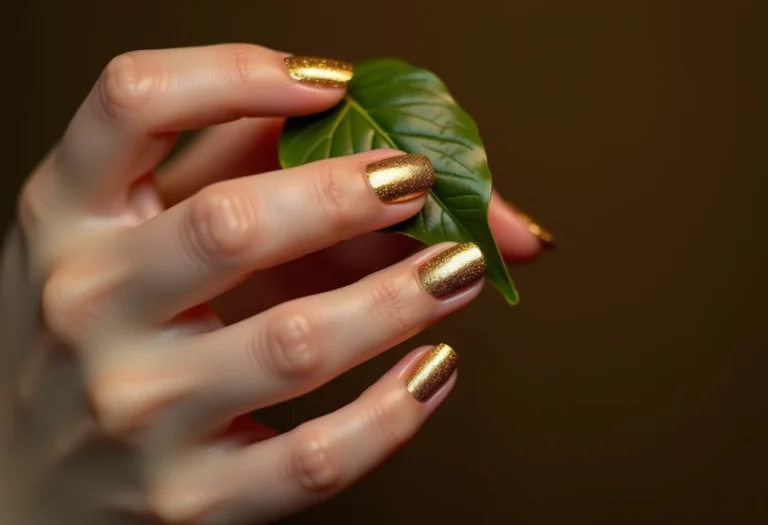 Unha decorada com folhas de ouro segurando folha de monstera