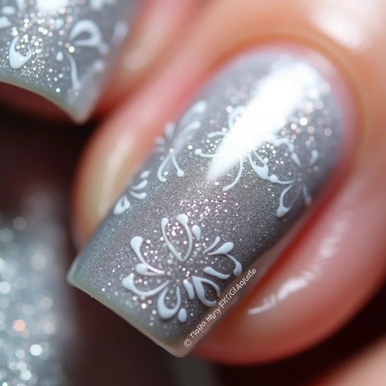 Unha decorada com glitter prata e carimbo floral