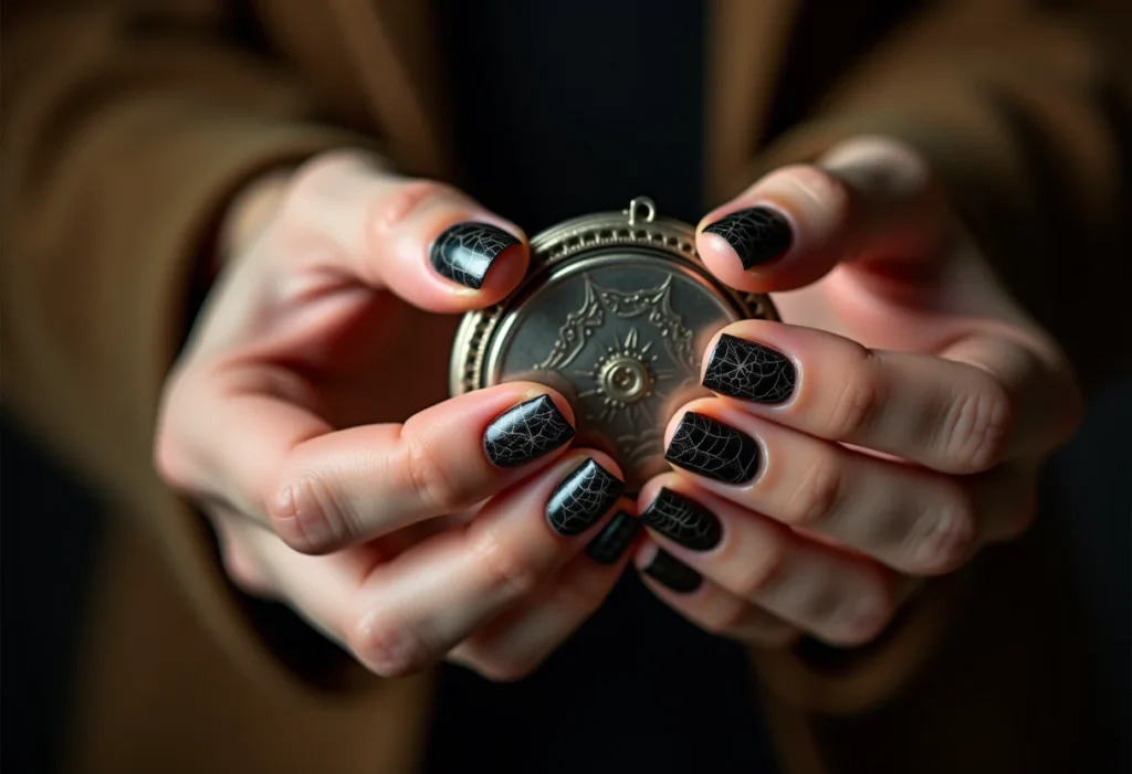 Unha decorada com teia de aranha segurando espelho de prata.